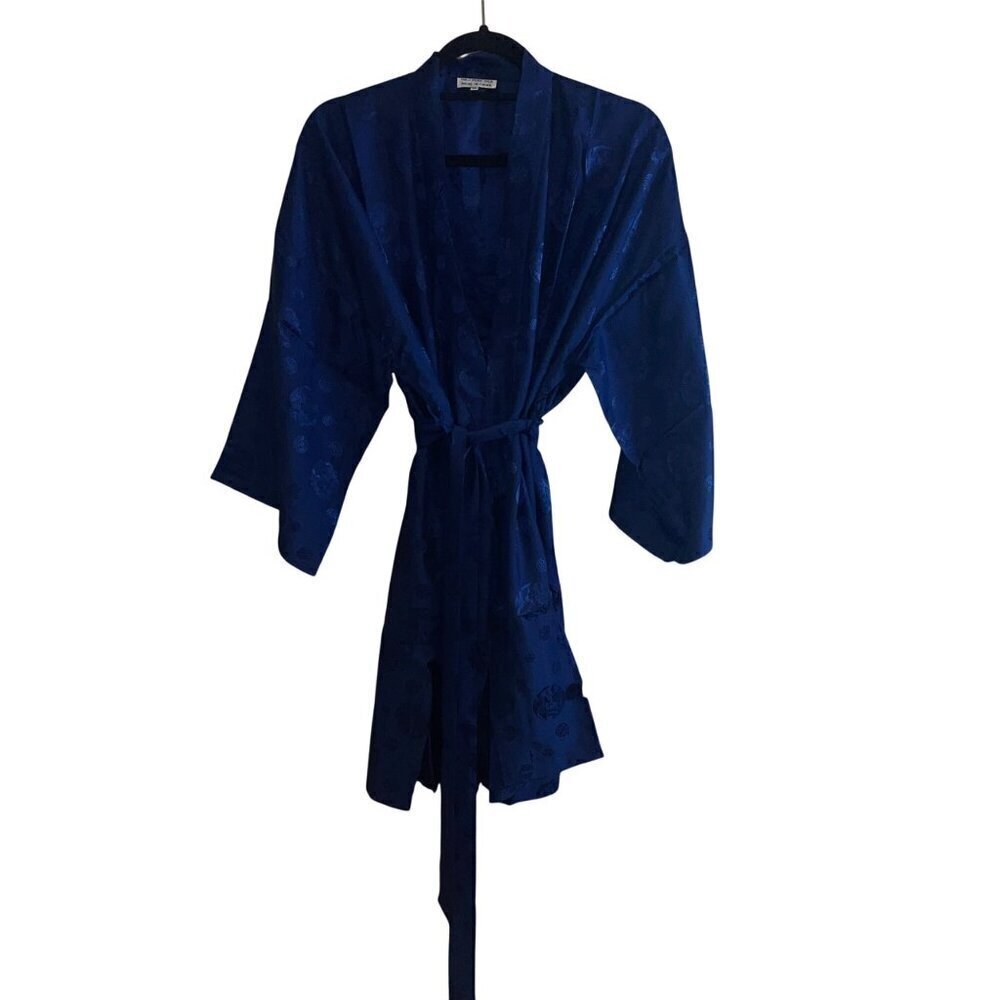Vintage Womens Robe Size XL Blue Belt V Neck Wrap Casual Pure Silk New